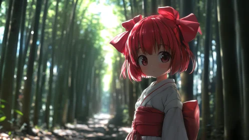 Red-haired shrine girl stands in sunlit bamboo forest path