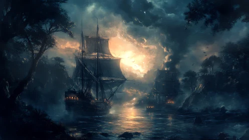 Stormlit galleons navigate misty jungle strait at dusk.
