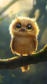 Tiny golden owl with huge eyes perches on mossy branch