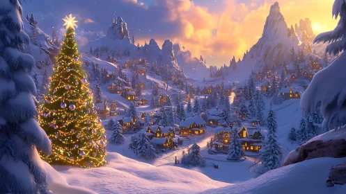 Snowy alpine village with glowing Christmas tree panorama.