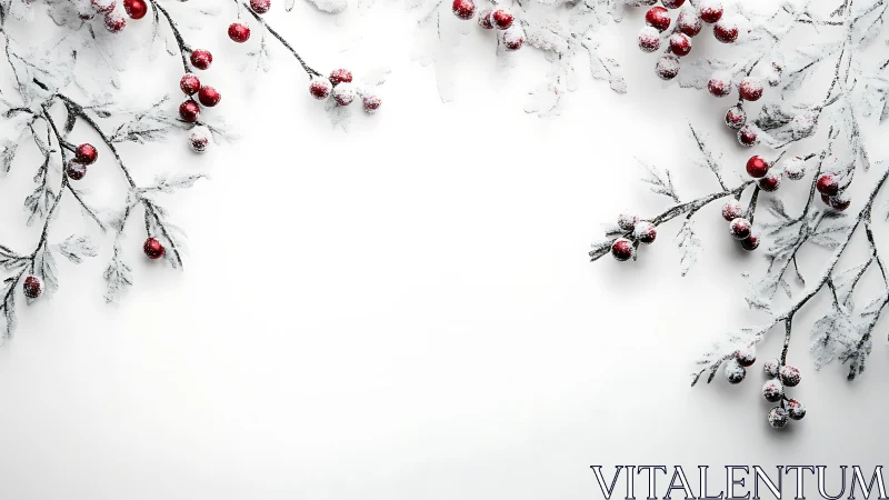 Frosted red berry branches frame negative space on white field