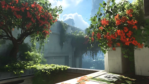 Modern concrete courtyard with dense red flowering plants.