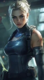 Battle-ready blonde soldier stands in futuristic ruins