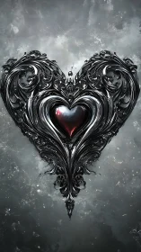Ornate Black Heart with Crimson Glow Radiates Against Stormy Backdrop.