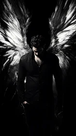 Chiaroscuro winged figure in high contrast digital portrait.