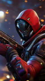 Masked cyber operative in red tactical armor portrait.