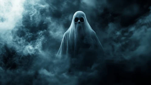 Shrouded specter drifts through midnight fog and eerie silence.