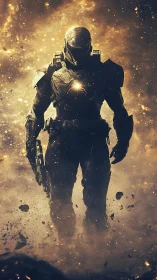 Armored sci fi soldier stands in burning cosmic dust field.