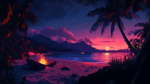 Tropical Nocturnal Luminescence: Coastal Campfire Sunset Convergence.