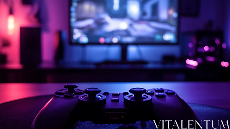 Game controller close-up in neon lit gaming setup.