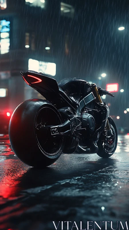 Hydrodynamic neon-lit superbike in nocturnal rainfall streetscape.