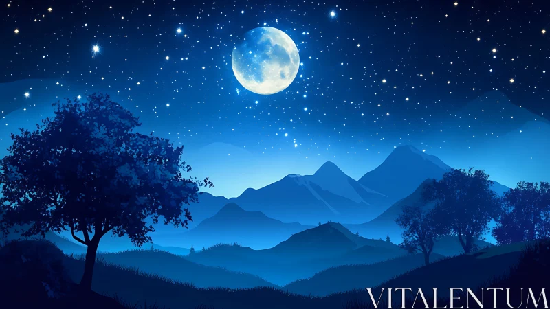 Full moon illuminates layered blue mountains and valley night