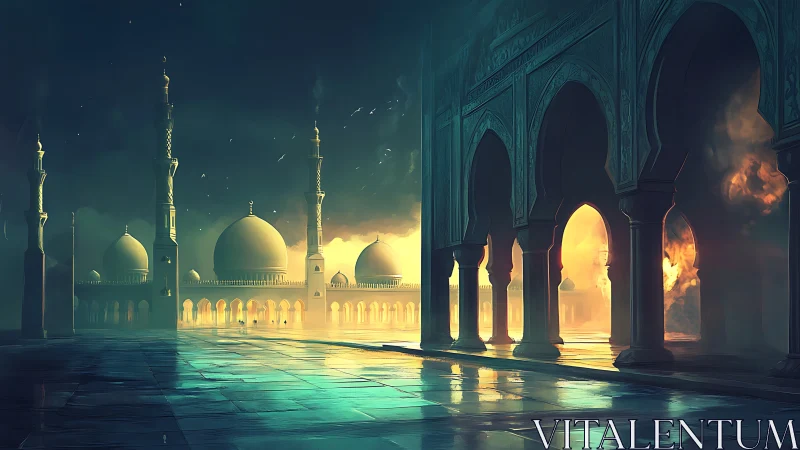 Golden mosque courtyard glows through stormy twilight haze