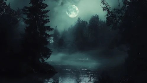 Digital painting of mist-laden lunar forest river at night.