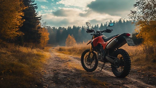 Off-road motorcycle on autumn forest trail under diffused light