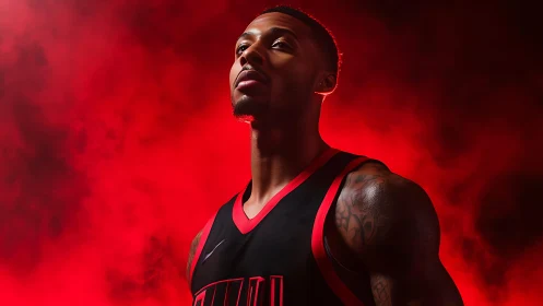 Focused basketball player stands in dramatic red arena light