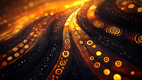 Curved golden lines and circular patterns on dark surface.