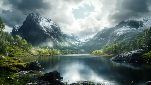 Digital painting alpine lake panorama with glacial massif.