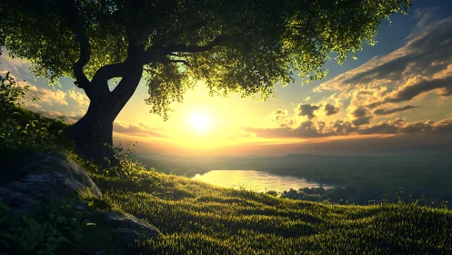 Backlit hillside tree overlooking reflective lake at golden sunset