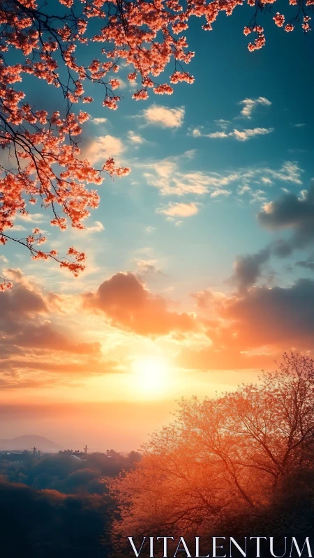 Radiant cherry blossoms over cinematic pastel sunset sky.
