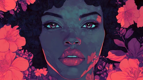 Neon-lit portrait with floral frame and cyan-magenta contrast.