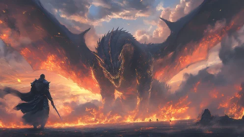 Armored warrior confronts massive fire-breathing dragon directly