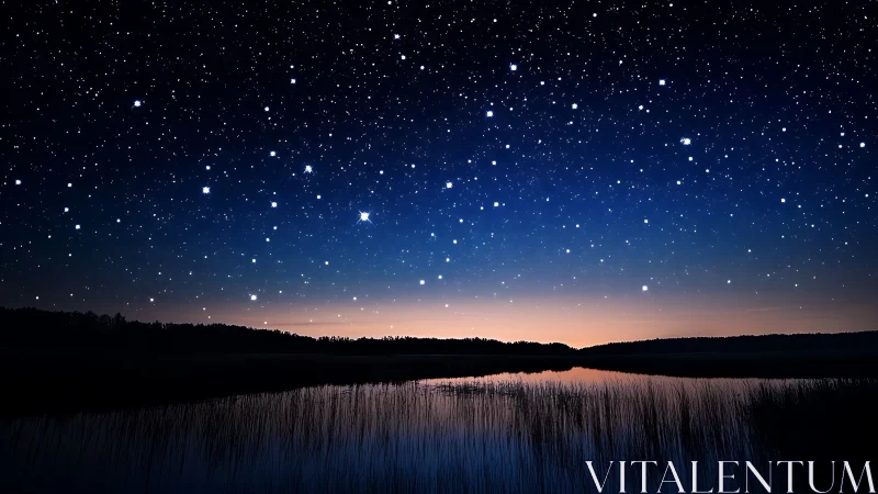 Starry night sky over calm lake with dark shoreline reflection.