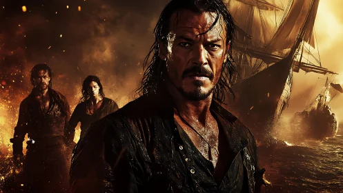 Storm-lit pirate captain stalking through burning seas.
