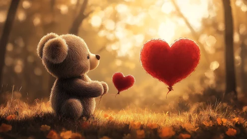 Teddy Bear Holding Red Heart Balloons in Golden Forest