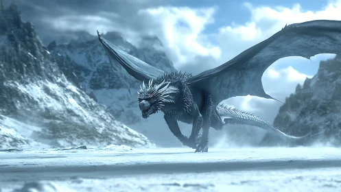Ice dragon strides across frozen valley with wings spread wide