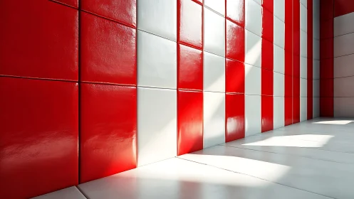 Glossy red and white tiled corridor captures sharp sunlight