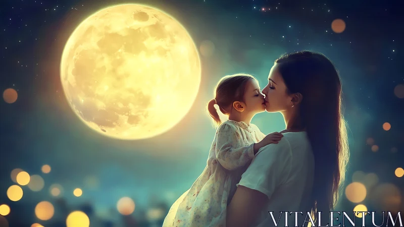 Mother and Child Under Golden Full Moon in Starlit Night