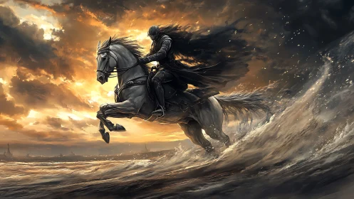 Stormlit rider racing the surf beneath a burning sky.