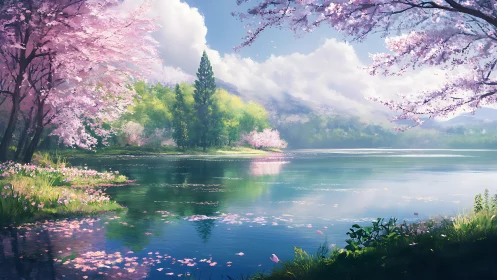 Petal-brushed lakeside morning wrapped in hush and color.