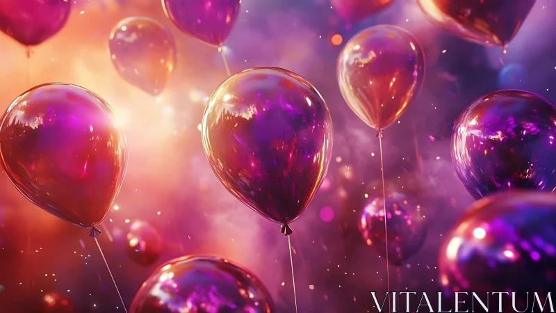 Luminous Metallic Balloons Dancing in Purple Radiance.