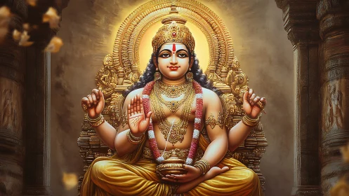 Hindu deity seated on ornate golden throne in temple hall.