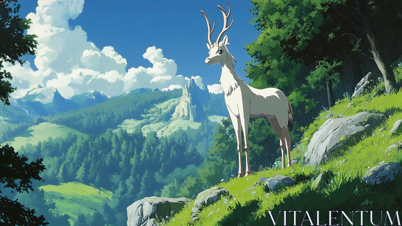 Deer-like creature on forest hillside in mountain landscape.