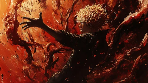 Male figure extends arm while engulfed in red liquid mass