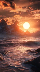 Coastal mountain shoreline under low sun over rough water.