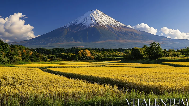 Snow-capped stratovolcano above cultivated rice terraces.