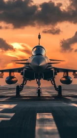 Military jet stands on runway under backlit sunset sky