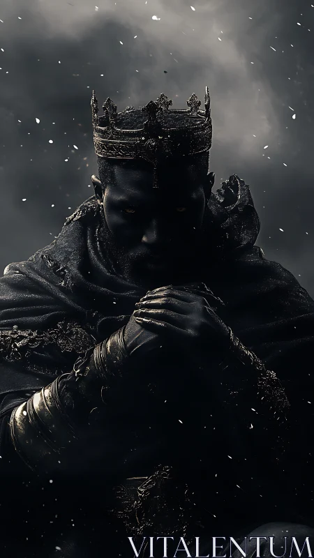 Dark crowned figure in ornate armor against stormy backdrop.