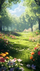Sunlit forest path with dense grass and wildflower blooms