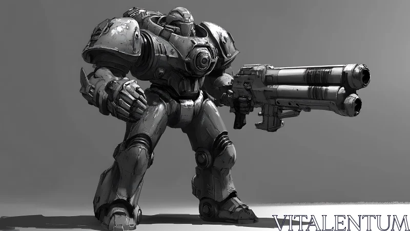 Steel titan steadies a colossal cannon in grayscale silence