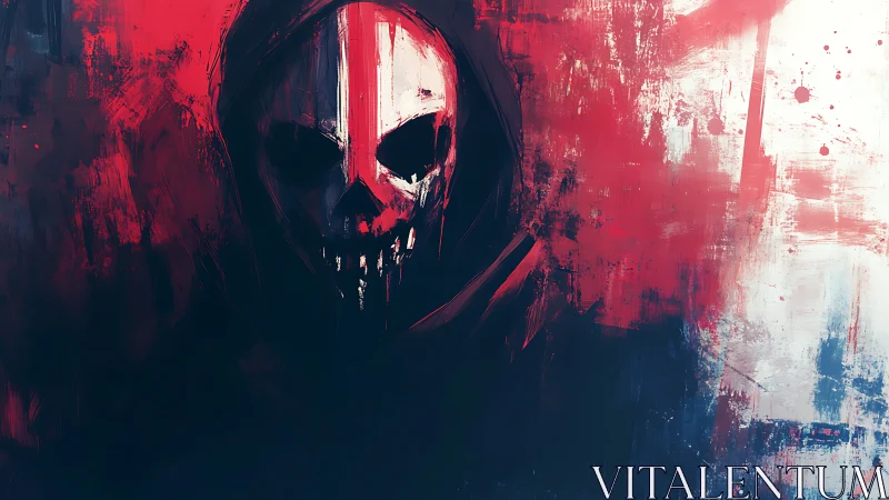 Hooded skull entity emerges from high contrast red-black void