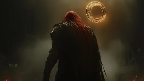 Armored figure faces glowing runic ring in dark chamber