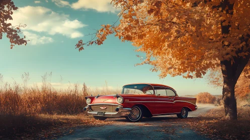 Red vintage car on rural road under autumn foliage.