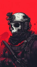 Shadowy skull soldier stands ready against bold red backdrop