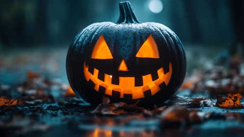 Moody jack-o’-lantern with wet surface and strong bokeh contrast