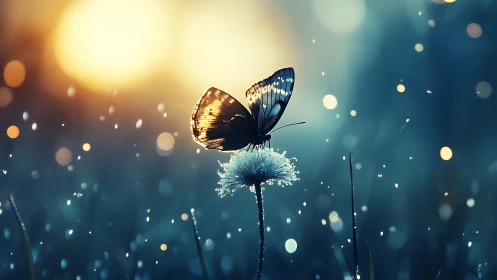 Backlit butterfly on flower rendered with shallow depth of field